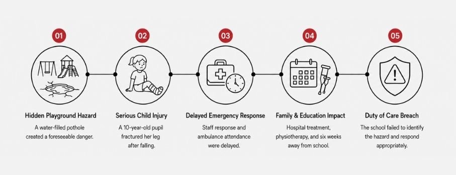 Horizontal infographic showing the stages of a playground injury claim, including a hidden pothole, child injury, delayed first aid, family impact, and breach of duty of care.