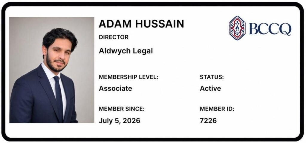 Adam Hussain, Director of Aldwych Legal, official British Chamber of Commerce Qatar Associate Member card