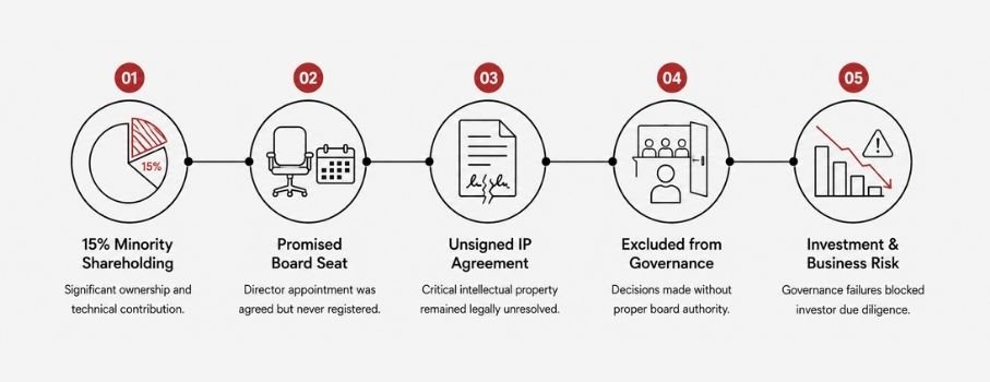Horizontal infographic showing the stages of a minority shareholder dispute, including a 15% shareholding, failed director appointment, unsigned IP agreement, exclusion from governance, and investment risk.