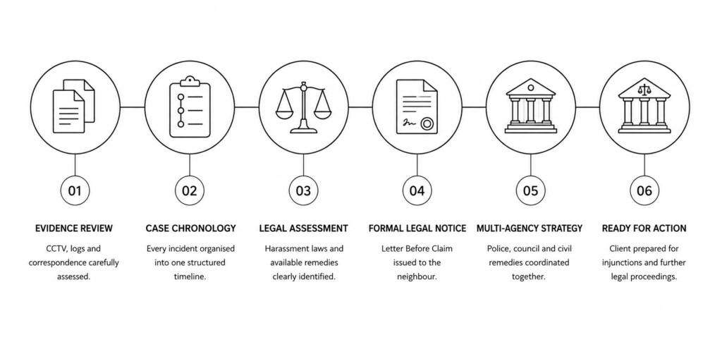 Legal process infographic showing the steps taken to resolve a neighbour harassment dispute, from evidence review to court readiness.