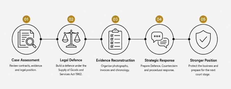 Horizontal infographic showing Aldwych Legal's five-step solution for a minority shareholder dispute: case assessment, legal opinion, evidence strategy, settlement planning, and structural remedy.