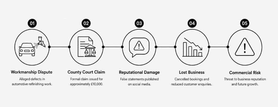 Defending a Workmanship Claim: How Small Businesses Can Fight Back Horizontal infographic showing the stages of a workmanship claim, including alleged defective work, County Court proceedings, reputational damage, lost business, and commercial risk.