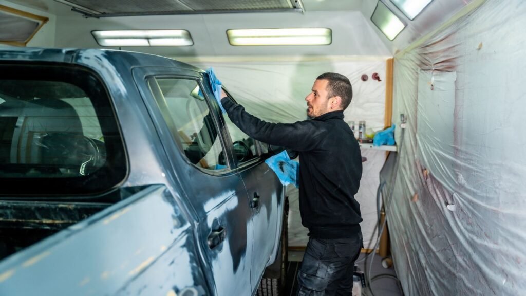 Two commercial vehicles receiving professional automotive paint and refinishing work, illustrating a workmanship claim case study.