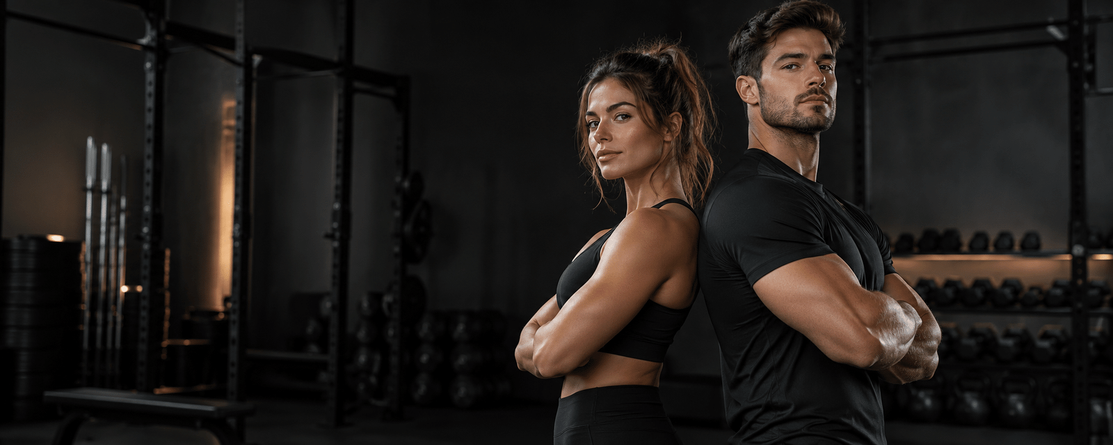 Two athletes in a modern dark gym