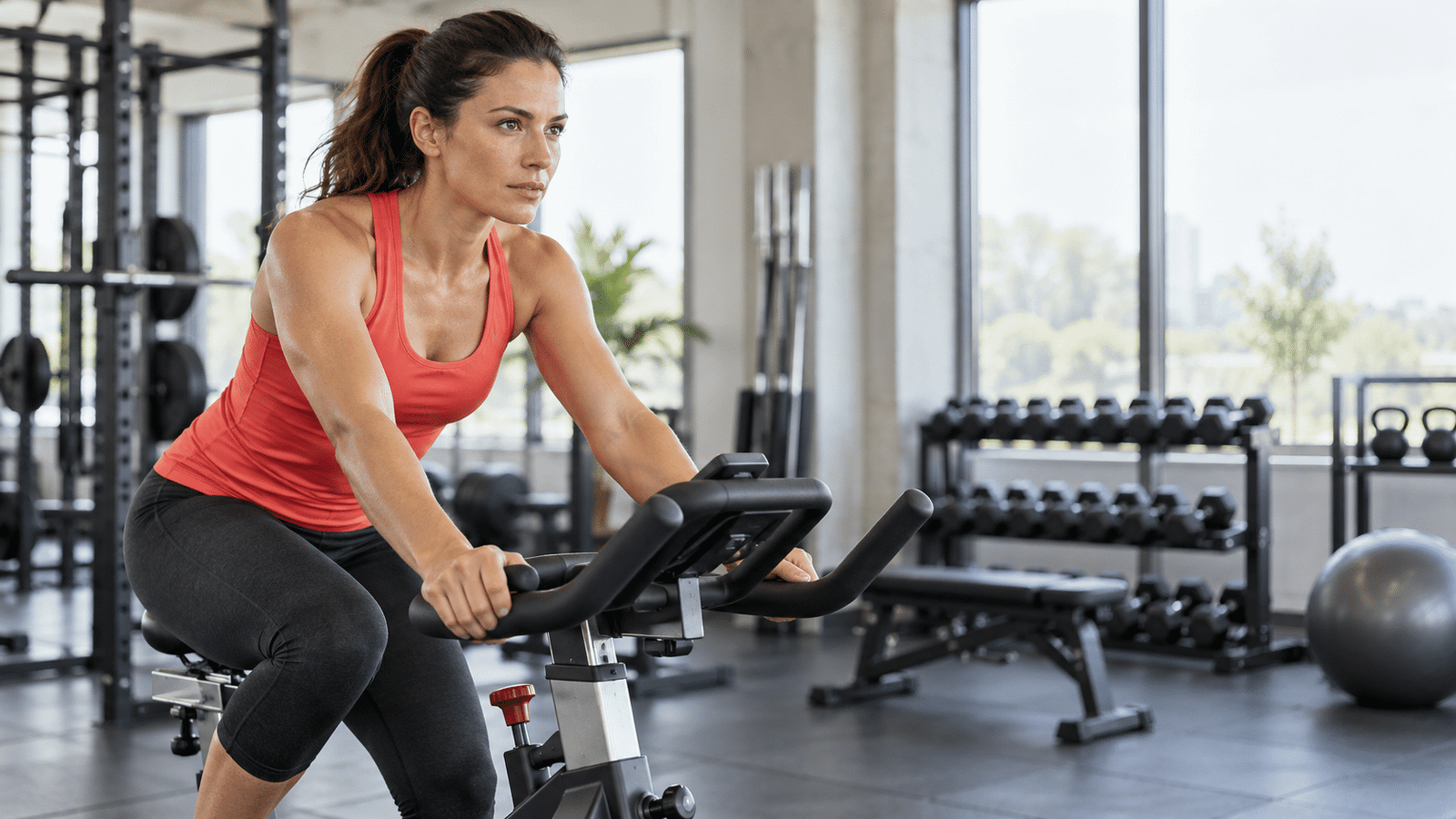 Woman training on a stationary bike in a bright gym